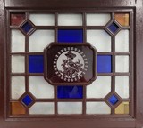 Stained glass borrowed lights panel with carved and painted wood frame., 70x63cm,