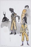 India ink and watercolour on paper. Costume design project for the ballet Pra lá e Pra cá by the Gulbenkian Ballet. Recently on loan to the Casa das Histórias de Paula Rego for the exhibition “Pra lá e pra cá – There and Back Again” (exhibition catalogue page 64). , 57,5x38,5cm, 1998