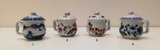 Vista Alegre porcelain pots de creme 1. Blue Canton for Mottahedeh (1980-1992) 2. Flowers (1980-1992) 3. Flowers (1980-1992) 4. Margão (2001- ), 8,5 cm, 1980-2001