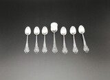 Portuguese 833/1000 silver set of 6 teaspoons and 1 sugar spoon. Porto&#39;s Eagle (Águia) Head silver hallmark (1938-1984) and Y for the silversmith. 128g., 13cm, 20th century - séc. XX