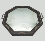 Wooden tray with engraved mirror and metal details., 44cm, 20th century - séc. XX