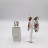 earrings with fabric details and ring in silver 925, ,